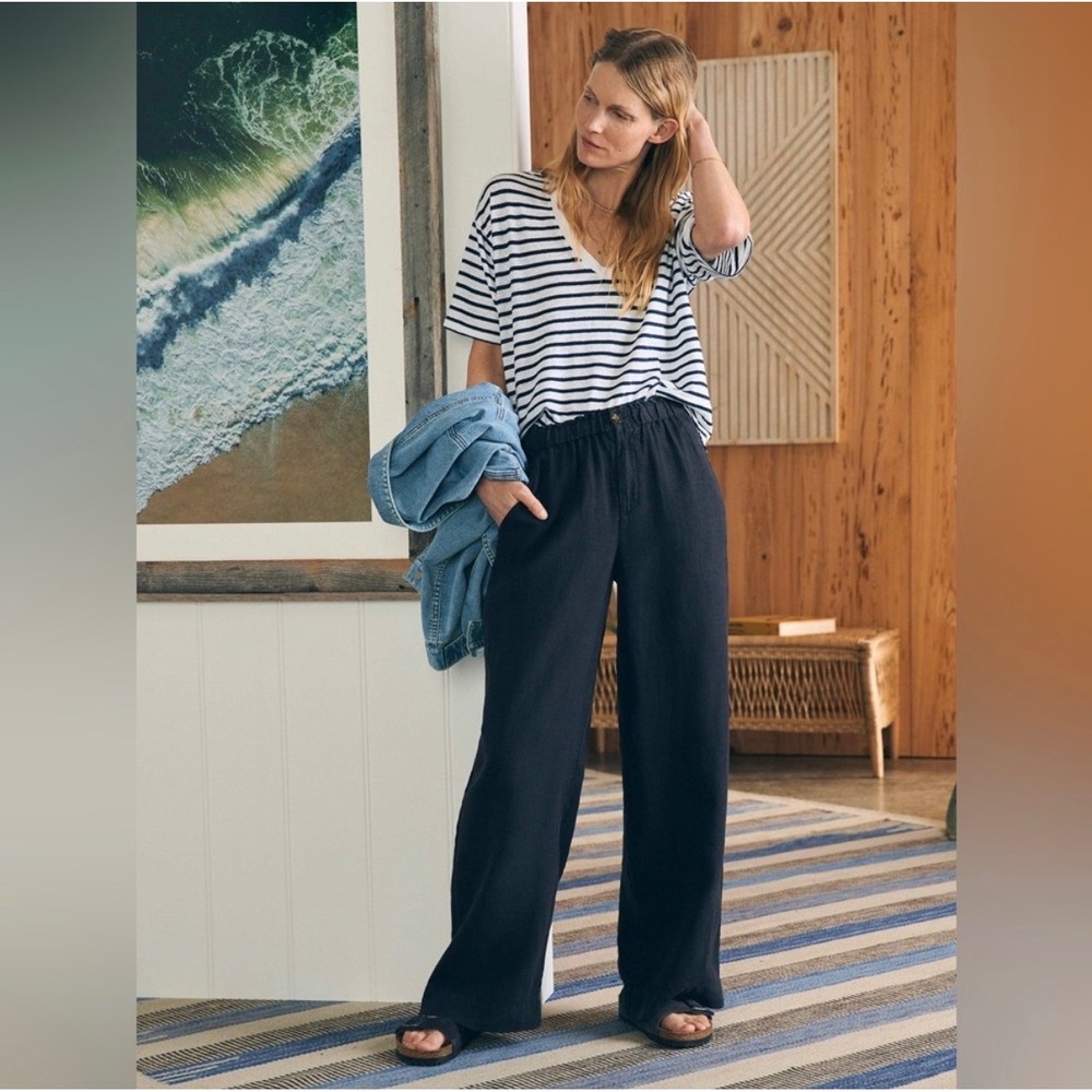 C10 Faherty Monterey Navy Blue Linen Wide Leg Paperbag Waist Pants Womens Small